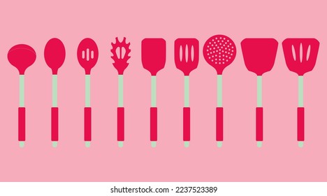 Ladles and Spatulas in Viva Magenta Color, Kitchen Tool Collection - Vector Illustration, Utensils