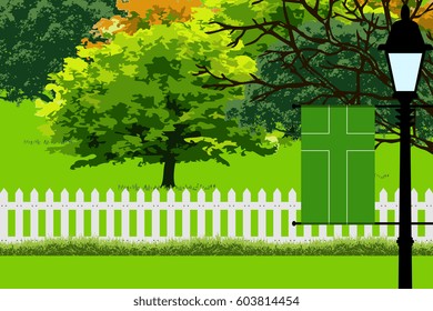 Ladonia Flag, Landscape of Park, Trees, Fence wooden and Street light Vector Illustration 