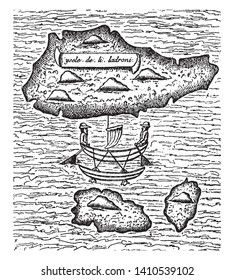 Ladrones Islands where Magellan discovered this group of islands, vintage line drawing or engraving illustration.