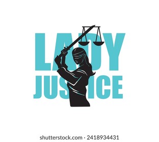 LADT JUSTICE LOGO, gran silueta de mujer fuerte con ilustraciones vectoriales de espada y escamas