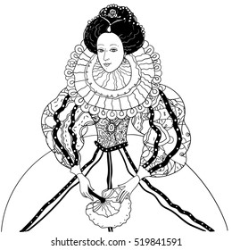 lady in abstract historical costume, richly painted ornament, as fairy tale princess. Black and white. Vector illustration for coloring book, wedding or valentines or for anti stress colouring