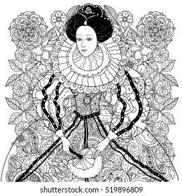 lady in abstract historical costume, richly painted ornament, as fairy tale princess. Black and white. Vector illustration for coloring book, wedding or valentines or for anti stress colouring