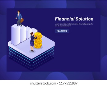 Lady advisor providing financial support to businessman for betterment of his company growth, isometric design for Financial Solution web template.