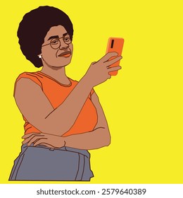 A lady with Afro hair, attentively checking her phone emails, exuding confidence and professionalism in a modern setting.