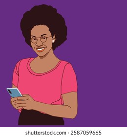 Lady with Afro hair holding a cell phone with a confident smile.