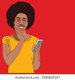 Lady with Afro hair looking surprised after reading her messages.