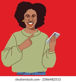 Lady with Afro hair pointing at her cell phone with excitement.