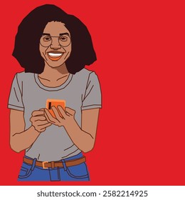 A lady with Afro hair, smiling joyfully as she reads her cell phone messages, exuding happiness and positivity in a relaxed setting.