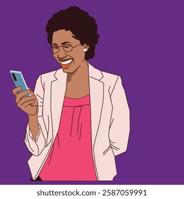 Lady with Afro hair smiling while checking her cell phone emails.