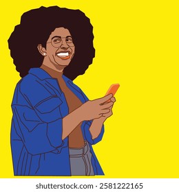 A lady with an Afro hairstyle, wearing a stylish blue jacket, smiling warmly as she reads her phone messages, exuding joy and positivity in a modern setting.