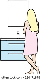 Lady after Shower standing by Wall Mounted Single Bathroom Vanity line art vector illustration