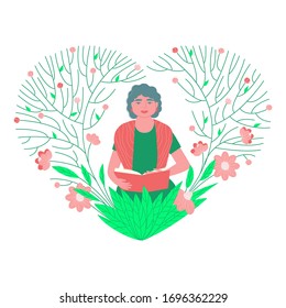 A lady aged with a book in a beautiful floral frame. Design is suitable for congratulations to mom, teacher, librarian. Greeting card. Flat vector illustration.
