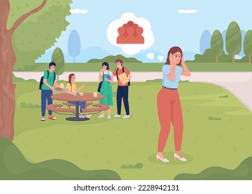 Lady con agorafobia en la ilustración vectorial de color plano del parque. Miedo a una visita pública. Ataque de pánico. Personajes de caricatura 2D simples y totalmente editables con jardín urbano en segundo plano