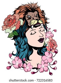 Lady with animal helmet tattoo.beautiful girl with lion head among peony flower and cherry flower tattoo.