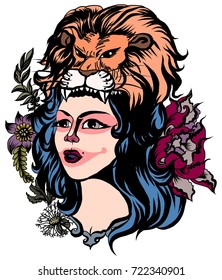 Lady with animal helmet tattoo.beautiful girl with lion head among rose flower and tropical flower tattoo.women with lion roaring vector.