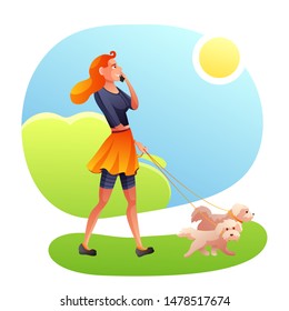 Lady With Animals In Park Flat Vector Illustration. Smiling Pet Lover, Owner Talking On Phone Cartoon Characters. Dog Walking Service, Business. Female Walker With Cute Bichon Frise Puppies.