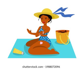 Lady applying sunscreen sitting on beach towel vector illustration