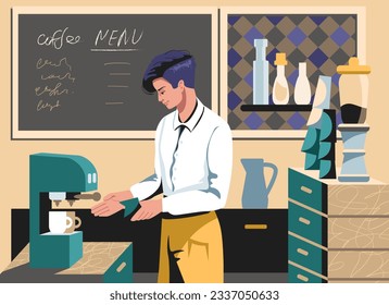 Lady in apron prepare hot chocolate in coffee machine. Modern work for students. Process of making tasty drink. Colorful flat vector illustration in cartoon style in blue colors