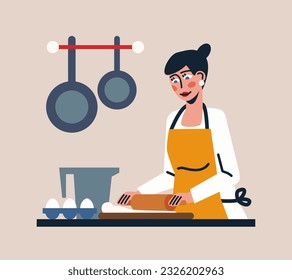 Lady en el delantal parado cerca de la mesa y arroja masa. Gente trabajando como chefs profesionales. Cocina con utensilios de cocina. Concepto de la industria alimentaria. Ilustración vectorial en colores cálidos