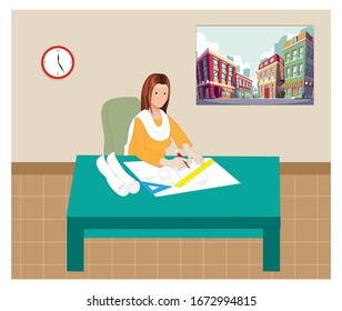 lady architects drawing map in office