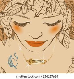 Lady autumn with gold pendant. Woman portrait with autumnal leaves hairstyle. Fashion vector illustration.