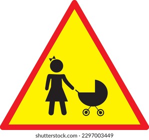 Lady with a baby stroller - warning road sign - vector illustration