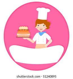 Lady baker and cake signboard.Illustration of lady baker holding a cake behind a blank board.avalible for cake store logo design