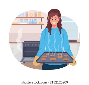 Lady Backcookies 2D, Vektorgrafik einzeln. Fröhliche Frau, die einen flachen Charakter auf Cartoon-Hintergrund vorbereitet. Cooking Dessert bunter Szene für mobile, Website, Präsentation