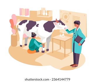 Lady bandaging hoof to cow. Veterinarian helps sick animals in vet clinic. Caring for health of pets concept. Flat vector illustration in cartoon style