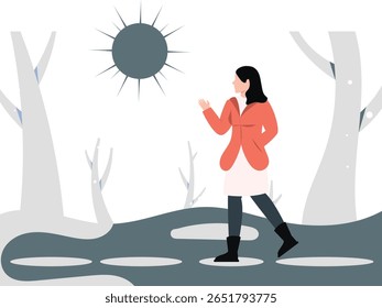 Lady basks in winter sun rays, savoring their warmth and gentle touch. The cold air contrasts with the soothing light, creating a serene moment of quiet enjoyment amidst the chill.