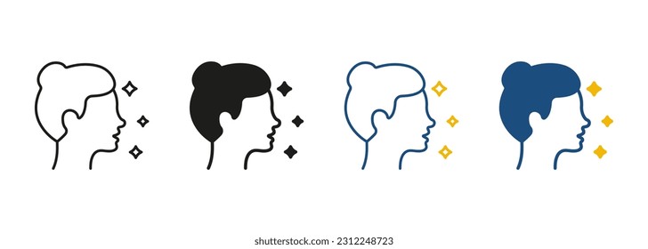 Lady with Beauty Face and Hairstyle Pictogram. Woman Profile with Shine Skin Line and Silhouette Icon Set. Female Face in Side View Black and Color Symbol Collection. Isolated Vector Illustration.