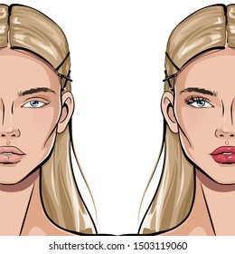 Lady before and after makeup. Before and after eyelash extensions. Beautiful makeup. Vector fashion illustration.  