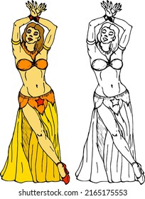 Lady belly dancer in an exotic pose, isolated against white. Hand drawn vector illustration.