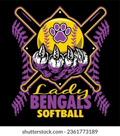 lady bengals softball team diamond design with claw holding ball for school, college or league sports