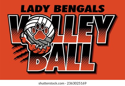 lady bengals volleyball team design with ball and paw print for school, college or league sports