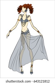 Lady in bikini and pareo. Lined and colored sketch on a white background. Vector fashion illustration
