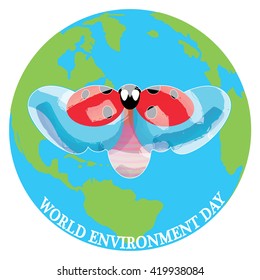 Lady Bird above the Earth for the World Environment Day, vector image