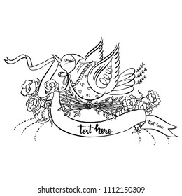 lady bird flying with scroll and rose flower,hand drawing illustration on white background with space for text ,valentines or wedding day card decoration,vintage doodle flourish art