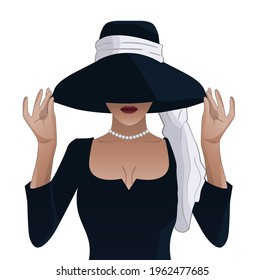 Lady in black. A beautiful woman in elegant black hat, and black dress.