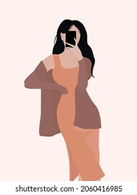 The lady with black hair. Vector flat illustration of a bright female image. A girl in a sundress and a sweater with a phone in her hand. Design for avatars, textiles, templates, cards, backgrounds.