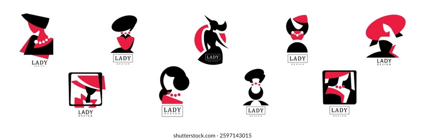 Lady Black and Red Logo and Label Design Vector Set