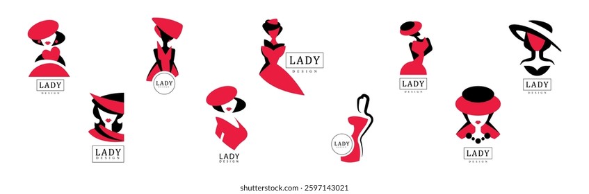 Lady Black and Red Logo and Label Design Vector Set
