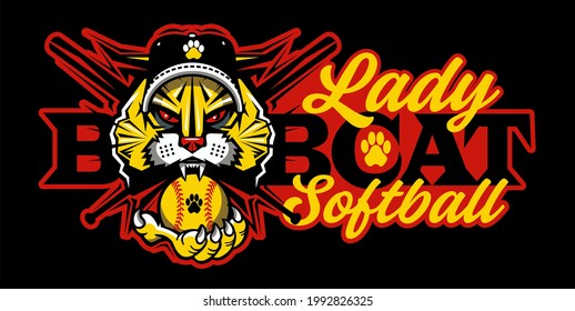 lady bobcat softball team design with mascot holding ball and crossed bats for school, college or league