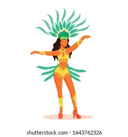 Lady in body adornment and carnival clothing flat color vector faceless character. Standing woman in green crown with plumage isolated cartoon illustration for web graphic design and animation