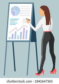 Lady boss making notes on board with statistical data information. Vector graphs and charts, back view of sexy woman presenting report, join to her team