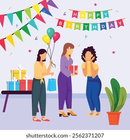 Lady Boss Presenting the Gift to Her Employee concept, Group of Ladies Enjoying Birthday vector design, special anniversary events card, Cheers to another year banner, indoor Party People illustration