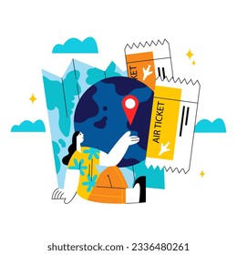 Lady bout plane tickets online, ready to travel by plane. Travel and tourism concept. Summer vacation trip. Travel agency tour. Concept of active recreation. Flat vector illustration in cartoon style