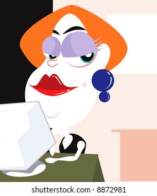 A lady with brown hair looking into a compute
