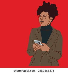 A lady in a brown suit with afro hair holding a cell phone confidently with a warm smile.