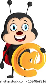 Lady bug with "At" sign, illustration, vector on white background.